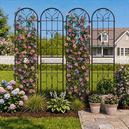 2-Pack 87" x 20" Ornate Scrollwork Arch Black Metal Garden Trellises | Set of 2 rust-resistant trellises with heart scrollwork, arched tops, stakes, and support for roses, vines, or vegetables