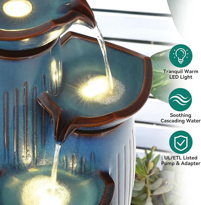 Autodaya 30" 3-Tier Cascading Ceramic Outdoor Water Fountain with LED Light | Pedestal Lotus Bowls Water Feature, Soothing Waterfall for Tranquil Garden, Patio, Yard, Turquoise Vertical Striped Texture