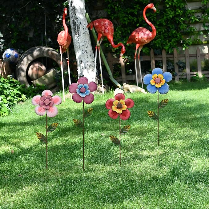 4Pcs Metal Flower Garden Stakes, 16" H Rustic Flowers Yard Stake Decorative Spring Outdoor Garden Decor Planter Flower Pot Metal Flower Stick for Patio,Lawn,Yard,Pathway (Flower)