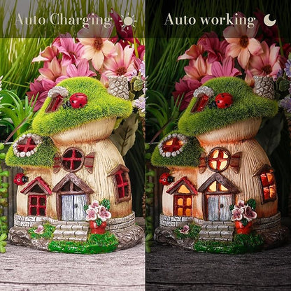 TERESA'S COLLECTIONS Mushroom Garden Statues with Outdoor Solar Light, Green Flocked Christmas Decorations for Home, Resin Fairy House Accessories Outdoor Decor Yard Thanksgiving Gifts for Mom, 8“