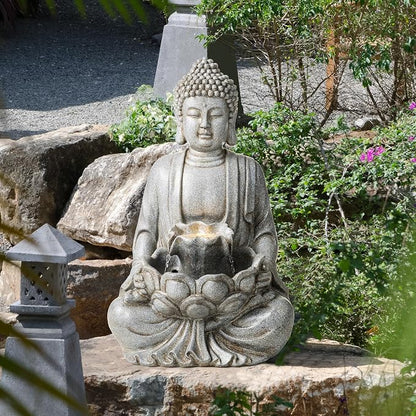 Glitzhome Buddha Fountain Outdoor with Pump & LED Light 23.25" H, 2-Tier Zen Style Concrete Meditating Buddha Statues Water Fountains Floor Fountains Buddhas Sculpture for Garden Patio Backyard