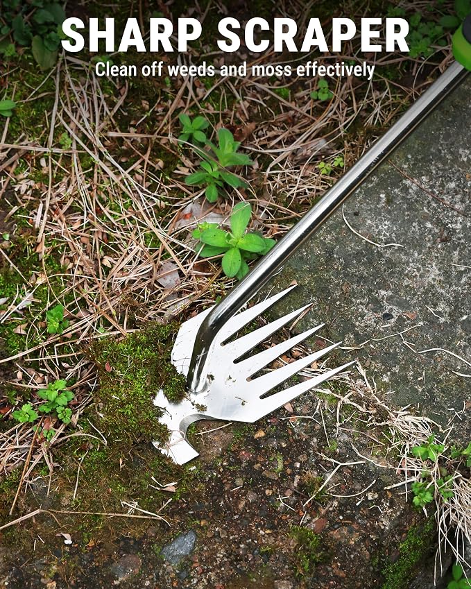 WORKPRO 15-Inch 6-Tine Weed Puller Tool for Deep Root Removal | Stainless Steel Hand Weeder with Ergonomic Soft Grip for Removing Dandelions and Deep-Rooted Weeds in Lawn, Garden and Yard