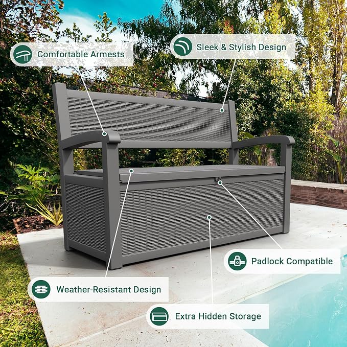 LHBcraft 70 Gallon Outdoor Storage Bench Deck Box Lockable for Patio Furniture, Outdoor Porch Bench with Storage Waterproof for Cushions, Garden Tools and Pool Supplies, Grey