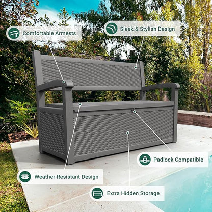 LHBcraft 70 Gallon Outdoor Storage Bench Deck Box Lockable for Patio Furniture, Outdoor Porch Bench with Storage Waterproof for Cushions, Garden Tools and Pool Supplies, Grey
