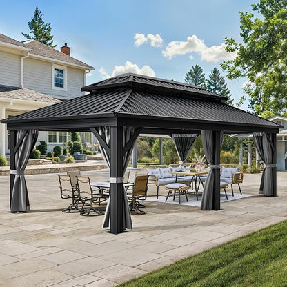 YITAHOME 12x18ft Hardtop Gazebo with Nettings and Curtains, Heavy Duty Double Roof Galvanized Steel Outdoor Combined of Vertical Stripes Roof for Patio, Backyard, Deck, Lawns, Gray