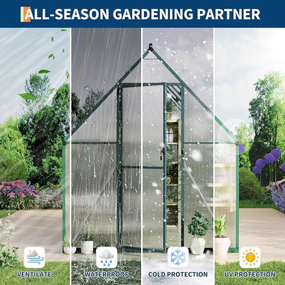 Polycarbonate Greenhouse for Outdoors, Large Walk-InGreenhouse with Quick Setup Structure and Roof Vent, Greenhouse with Ventilation