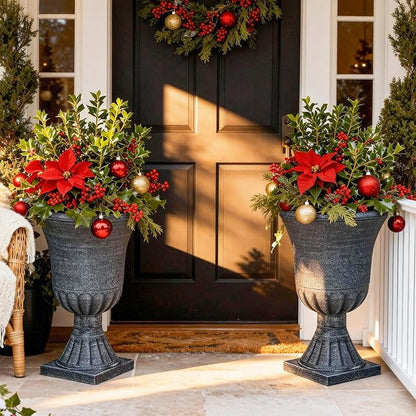 Autodaya 22" Handmade Washed Black Urn Planters Set of 2 Plastic Pots | Handmade Washed Black Finish, Large Weather-Resistant Planters for Porch, Garden, Patio, or Indoor Use