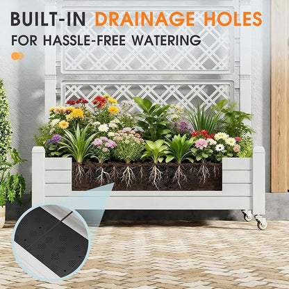 Resin Raised Garden Bed with Trellis and Wheels - Plasitc Planter Box with Trellis Outdoor with Drainage Holes & Water Monitor for Climbing Plants, Flower, Ashen(61.2" H)