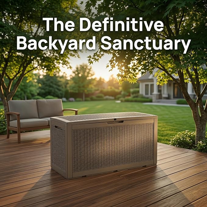 100 Gallon Deck Box, Waterproof Resin Rattan Outdoor Storage Box Lockable for Patio, Fade Resistant Outdoor Side Table & Organizer for Garden Tools, Pool Floats, Outdoor Cushions, Light Coffee