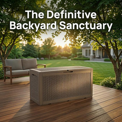 100 Gallon Deck Box, Waterproof Resin Rattan Outdoor Storage Box Lockable for Patio, Fade Resistant Outdoor Side Table & Organizer for Garden Tools, Pool Floats, Outdoor Cushions, Light Coffee