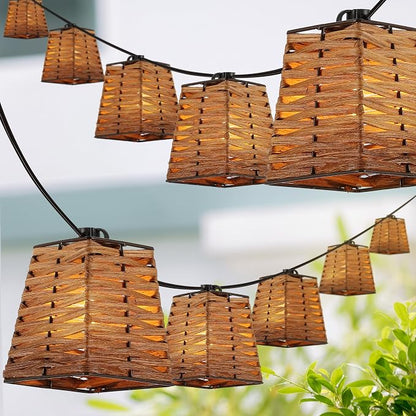 JONATHAN Y 10' Brown 10-Light Bamboo Square String Lights, Classic Vintage Indoor/Outdoor Geometric Lanterns for Patio Deck Porch, Coastal Farmhouse, LED Bulbs Included JYL8707A