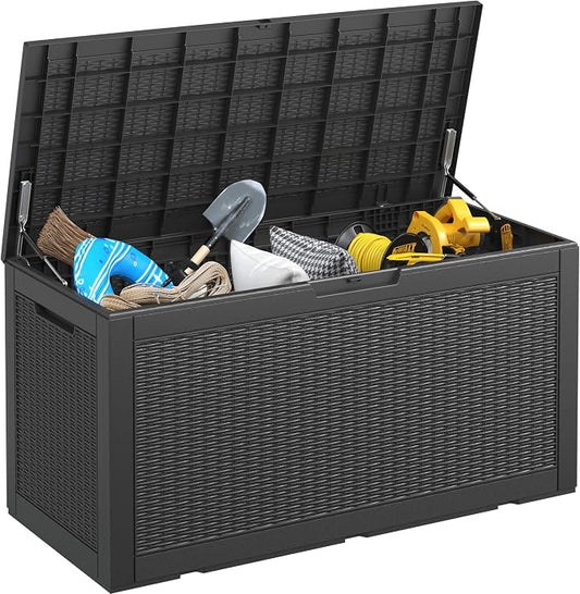 NUNU LAB 100 Gallon Large Waterproof Resin Deck Box, Lockable Outdoor Storage Box with Gas Lift, Patio Cushions, Garden Tools, Pool Supplies, Indoor Outdoor Storage Container, Black