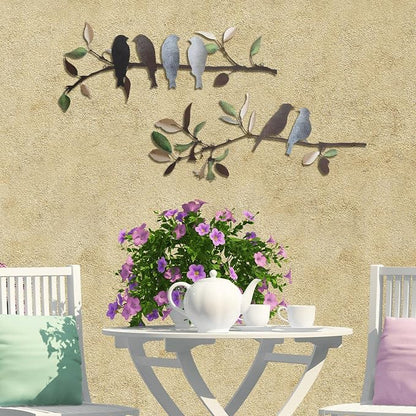 Demissle 2 Pcs Metal Birds Wall Art Decor Vivid Birds on Branch with Leaves Rustic Wall Decor Waterproof Metal Sculpture Hanging Sign for Home Balcony Garden Indoor Outdoor(Retro Colors)