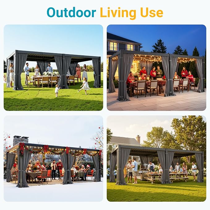 12' x 20' Louvered Pergola, Outdoor Pergola with Curtains & Netting, Aluminum Frame Patio Pergola with Adjustable Louvers Roof & Gutter System, Hardtop Gazebo for Patio, Deck, Garden, Yard, Dark Gray