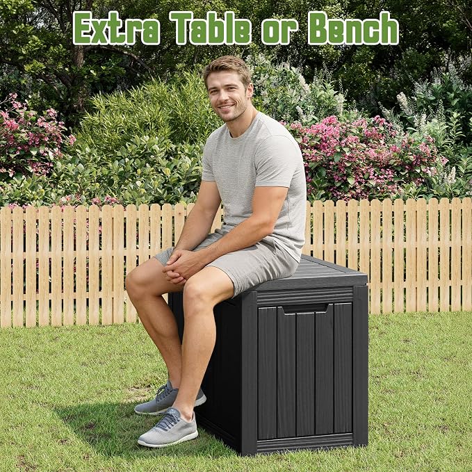 Outdoor Storage Box, 50 Gallon Deck Box with Lockable Lid, Waterproof Resin Storage Bin for Cushions, Garden Tools, Patio Furniture, Black