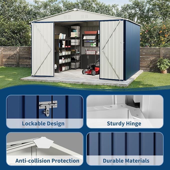 Garvee 10x10 FT Metal Storage Shed – Lockable Doors, Floor Frame, Blue | Spacious 10x10 interior – stores bikes, tools, and more.