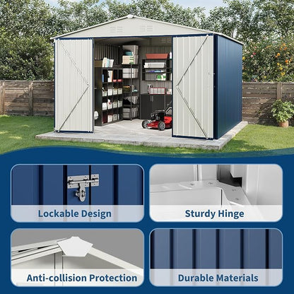 Garvee 10x10 FT Metal Storage Shed – Lockable Doors, Floor Frame, Blue | Spacious 10x10 interior – stores bikes, tools, and more.