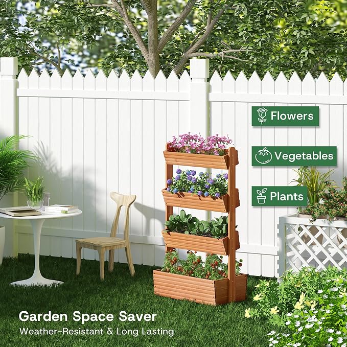 kiplant Adjustable Angle 4-Tiered Wooden Raised Garden Bed, Freestanding Vertical Planter Rack, Plant Box for Herbs, Veggies & Flowers, Indoor & Outdoor Gardening