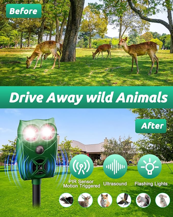 Solar Ultrasonic Animal Repellent with Motion Sensor - Waterproof Deer Repellent Device with LED Lights for Yard, Effective Against Deer, Coyotes, Raccoons & Cats (2, Green)