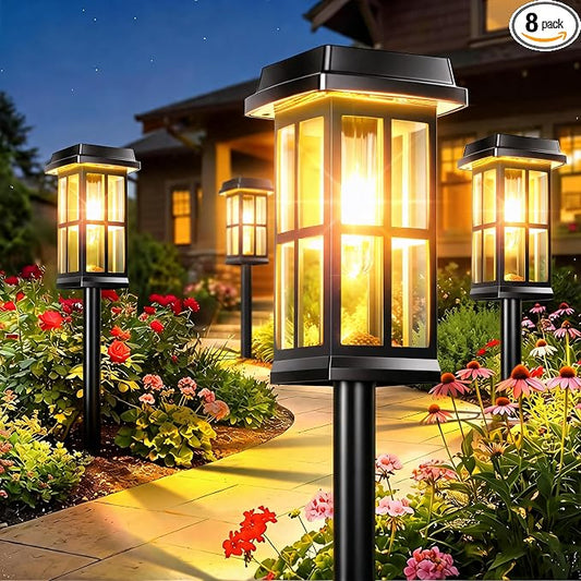 Garpar Solar Pathway Lights Outdoor 8 Pack, Window-Style with Metal Pole | 3500K Warm White, 2 Lighting Modes, Up to 18hrs Runtime, IP65 Waterproof, Ideal for Yard, Walkway, Driveway, Patio