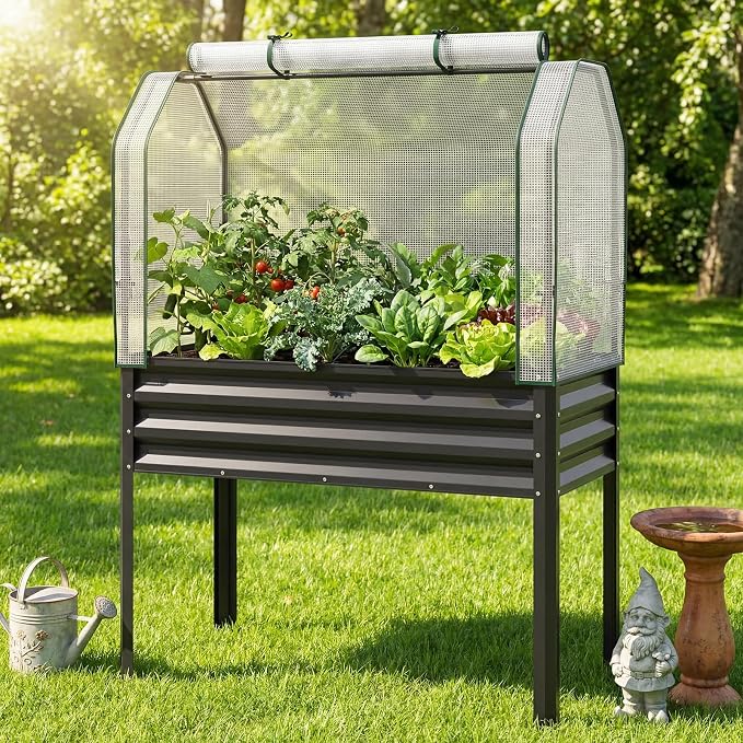 Giantex Raised Garden Bed with Legs & Greenhouse Cover, 44x22x60 Elevated Metal Planter Box with Roll-up Door, Outdoor Mini Greenhouse for Vegetable Flower Herb Patio Balcony (Black,2)
