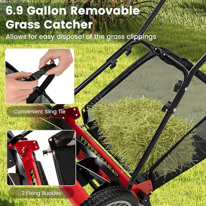 IRONMAX Lawn Mower, 16 Inch Push Reel Lawn Mower with 5 Steel Blades, Adjustable Cutting Heights, Grass Catcher Bag, Walk-Behind Manual Lawnmower for Garden Park Yard, No Motor (Red, 16 Inch)