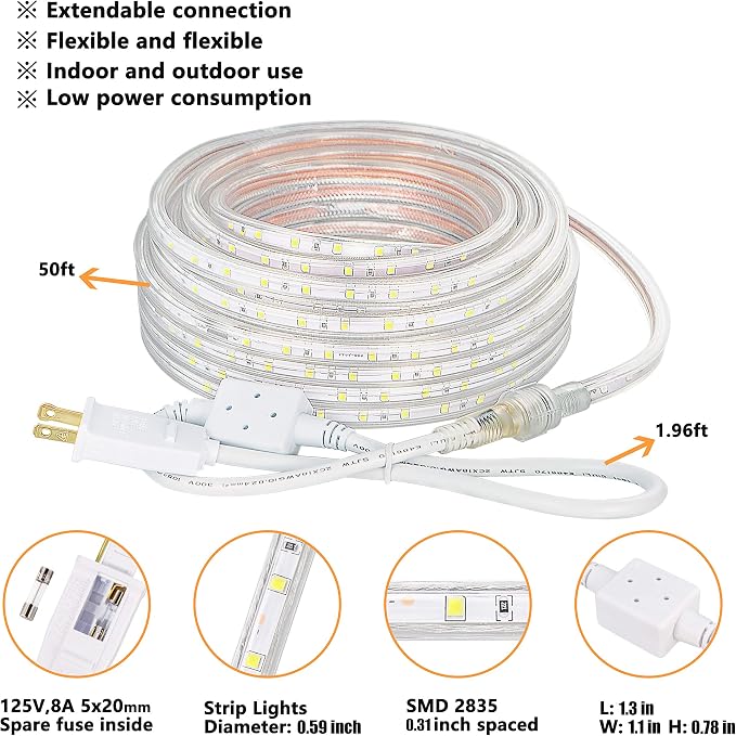 SURNIE 50ft LED Rope Lights Outdoor Waterproof, 110V Flexible Daylight White Bright Lighting Cuttable Connectable, Cool Clear Flat Strip Light 6000K for Outside Deck Patio Camping Decor, Not Tube Rope