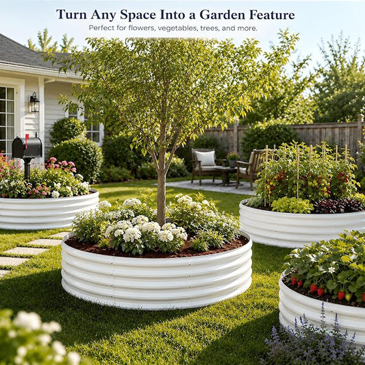 4FT Round Raised Garden Bed, Heavy Duty Galvanized Metal Planter Box for Vegetables, Flowers & Herbs, Rust-Resistant Outdoor Gardening Bed with Modern White Finish & Easy DIY Assembly