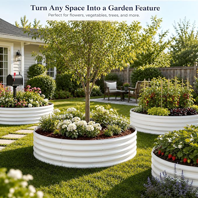 6FT Round Raised Garden Bed, Thickened Galvanized Metal Planter Box for Vegetables, Flowers & Herbs, Rust-Resistant Outdoor Gardening Bed with Modern White Finish & Easy DIY Assembly