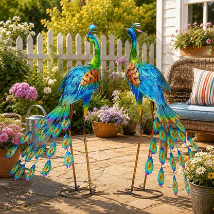 Oversized Peacock Decor Set of 2, 32" Outdoor Metal Yard Art | Hand-Painted Metal Peacock Sculpture. Weatherproof Garden Art for Lawn, Flower Beds, Patio, Backyard, or Indoor Home Decor.