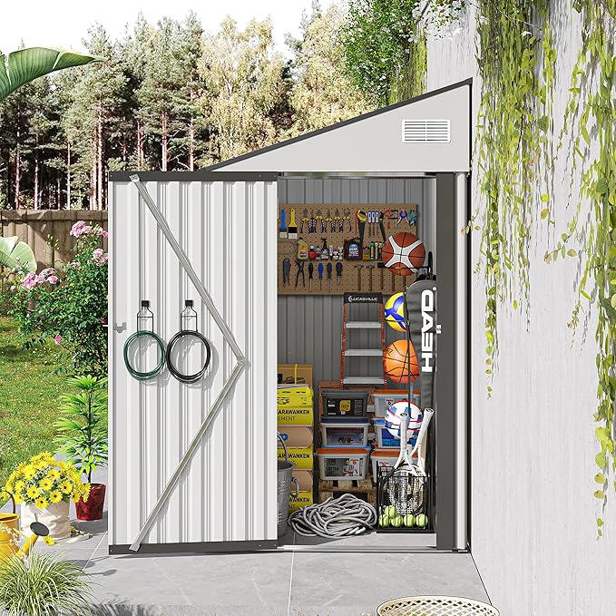 KEIKI 4' x 8' Outdoor Storage Shed with Single Hinge Door, All Weather Metal Lean to Shed with Vents, Garden Tool Shed for Bike,Toy, Garbage Can, White