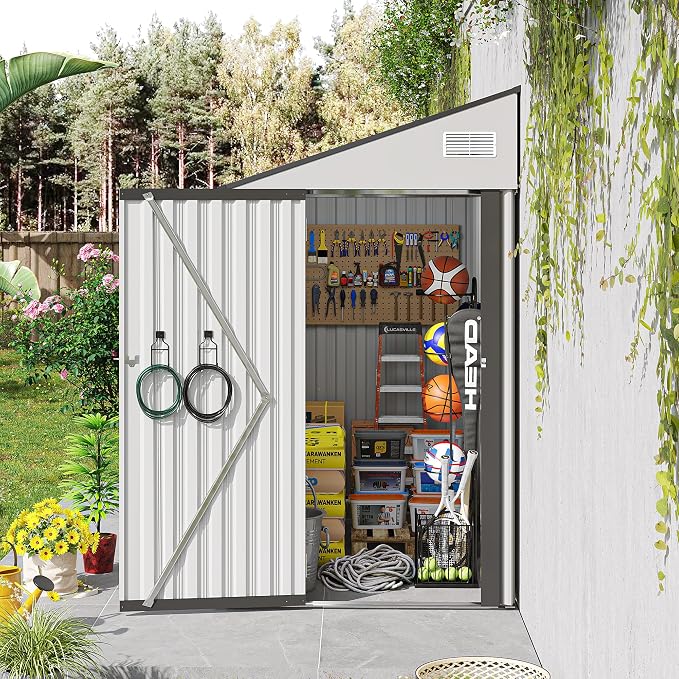 YOPTO 4x8 FT Lean to Shed, Outdoor Metal Storage Sheds with Lockable Door,Garden Tool Shed with Sloping Roof for Backayrd, Patio,Lawn,White