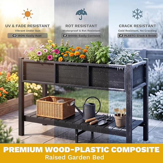 DWVO 48x18x30in Raised Garden Bed Kit, HDPE Planter Box Stand, Poly Wood Weather-Resistant Planter Box with Legs & Storage Shelf, Elevated Garden Bed for Backyard, Patio, Balcony,Black