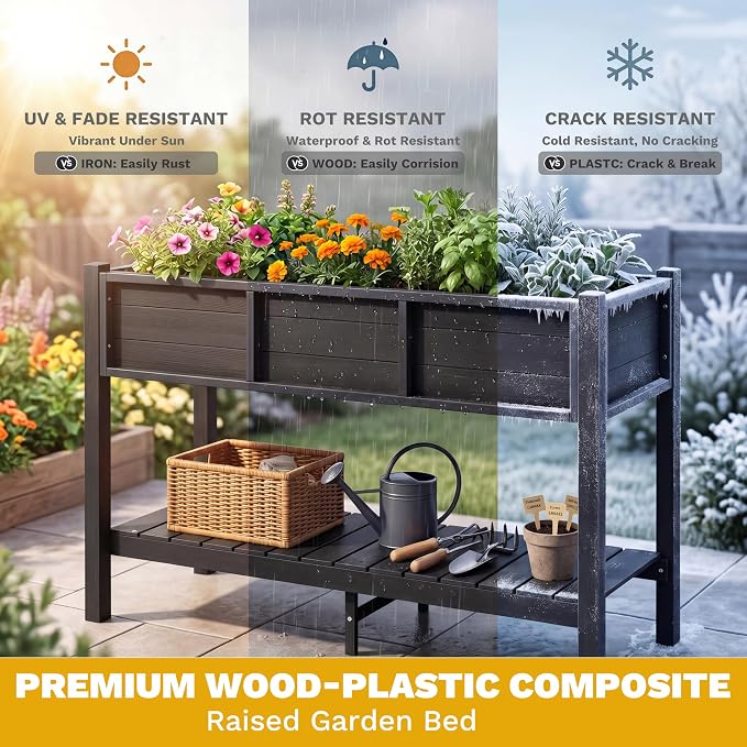 DWVO Raised Planter Box with Legs 48x18x30in Raised Garden Bed HDPE Poly Wood Weather-Resistant Elevated Garden Bed with Storage Shelf, Planter Boxes Outdoor for Patio Balcony Backyard, Black