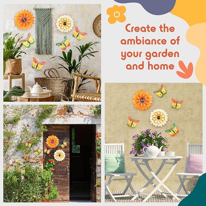 Zhehao 6 Pcs 9.5'' Metal Butterfly Wall Decor 7.8'' Metal Flowers Outdoor Wall Decor Sunflower Outdoor Art Fence Art Decorations for Garden Bedroom Bathroom Decorations
