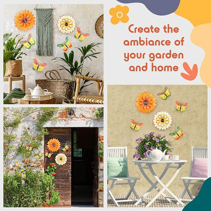Zhehao 6 Pcs 9.5'' Metal Butterfly Wall Decor 7.8'' Metal Flowers Outdoor Wall Decor Sunflower Outdoor Art Fence Art Decorations for Garden Bedroom Bathroom Decorations