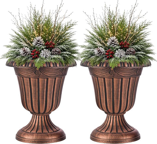 Outdoor Planter 2-Pack - 16x18-Inch Urn Planters for Front Porch Decor, Indoors, Patio or Entryway - Plastic Plant Pots - Large Decorative Flower Pots by Pure Garden (Rustic Bronze)
