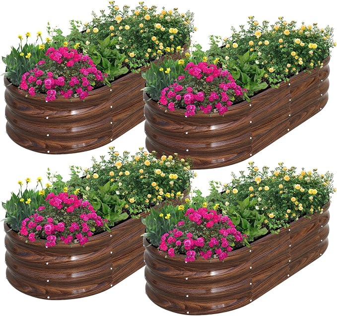 SnugNiture Galvanized Raised Garden Bed Outdoor, 4 Pcs 4x2x1ft Oval Metal Planter Box for Planting Plants Vegetables, Brown