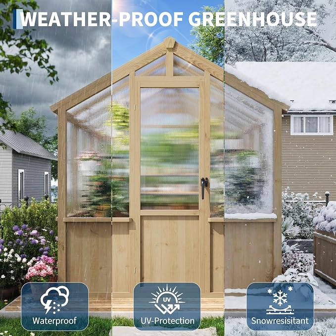 Garvee 6x8 FT Wooden Greenhouse - Walk-in Greenhouses for Outdoors, Large Spruce Frame Green House with PC Panels, Adjustable Roof Vents & Lockable Door, Green Houses for Garden,Backyard,Patio,Lawn