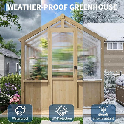 Garvee 6x8 FT Wooden Greenhouse - Walk-in Greenhouses for Outdoors, Large Spruce Frame Green House with PC Panels, Adjustable Roof Vents & Lockable Door, Green Houses for Garden,Backyard,Patio,Lawn