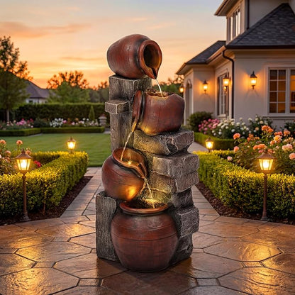 AUTODAYA 31.5" H Outdoor Water Fountain with LED Lights | Farmhouse Style Water Feature with Cascading Waterfall for Patio, Porch, or Yard