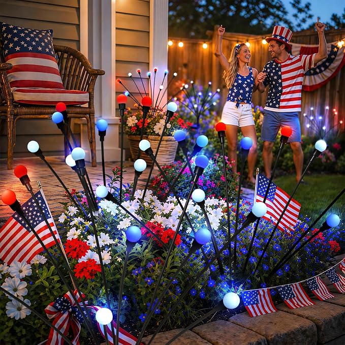 4th of July Outdoor Decorations, Red White Blue Lights Solar Firefly Lights, Patriotic Outdoor Decor for Independence Day, Fourth of July Decor for Garden Yard (4 Pack,Red, White, Blue)