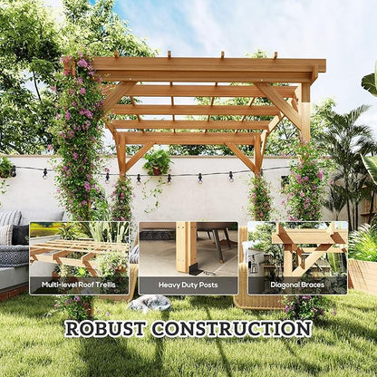 Outsunny 6.6' x 6.6' Outdoor Pergola with Stable Structure and Concrete Anchors, Wood Gazebo Grape Trellis for Climbing Plant Support, Garden, Patio, Backyard, Deck, Dark Brown