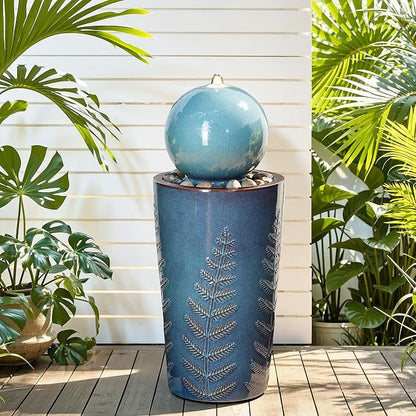 Autodaya 30" Ceramic Sphere Water Fountain with LED Lights, Teal Blue Glaze | Modern Nature-Inspired Design with Leaf Patterns & Pebbles, Soothing Trickling Water Feature for Patio, Yard, Garden, Porch