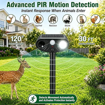 2026 new Solar Animal Repellent Ultrasonic Outdoor with Light Deer Repellent Devices Ultrasonic Cat Repellent Outdoor Fox Raccoon Rabbit Squirrel Coyote Deterrent Waterproof for Yard & Garden Black