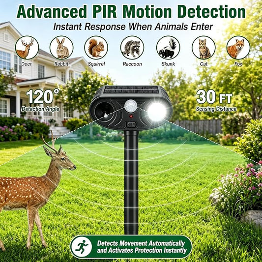 2 Pack Sonic Fortress Pro Deer Repellent Device Outdoor,Solar Animal Repeller for Garden, Squirrel Fortress Pro with PIR Sensor & Flashing Light for Rabbit Fox Raccoon Cats Repellent Outdoor