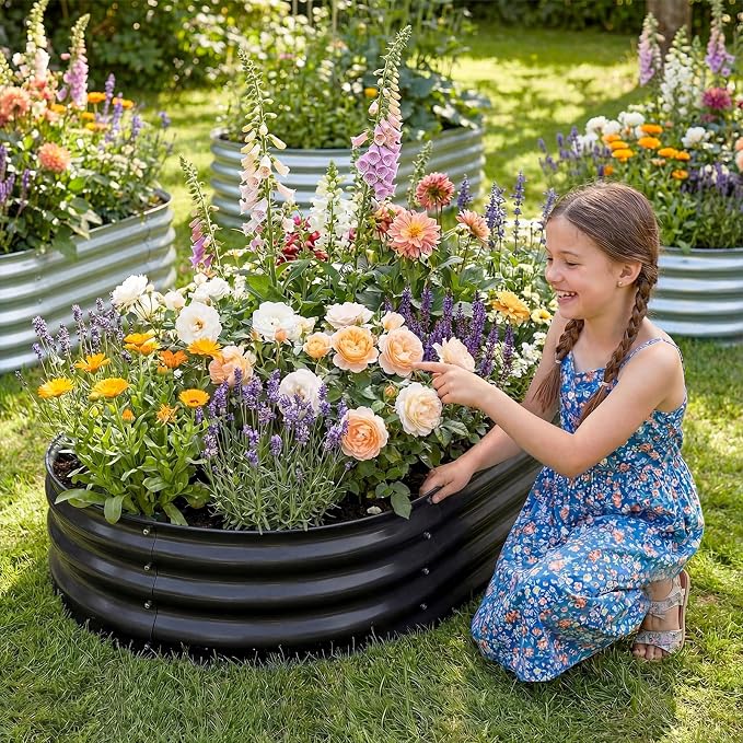 Land Guard Galvanized Raised Garden Bed Kit, Galvanized Planter Raised Garden Boxes Outdoor, Oval Large Metal Raised Garden Beds for Vegetables(Grey)4×2×1ft(1pcs)