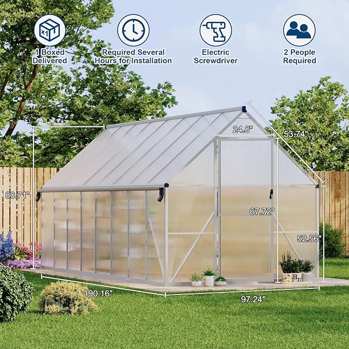 GarveeLife 8X16FT Polycarbonate Greenhouse with Aluminum Frame, Polycarbonate Greenhouse for Outdoors, Greenhouses with Ventilation and Rain Gutter, Aluminum Large Walk-in Greenhouses for Outside