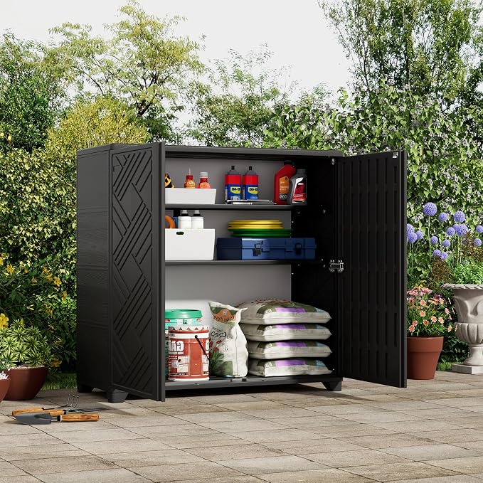 ZZM Indoor/Outdoor Storage Cabinet Waterproof, 34"x15"x34" Plastic Outdoor Storage Box for Garden Balcony Bathroom, All Weather Outdoor Storage Clearance, DIY Usage, with No Shelf (Black)