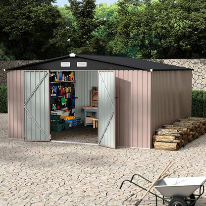 GarveeLife 12x12x6.4 ft Outdoor Storage Sheds, Metal Garden Tool Shed for Backyard, Large Metal Sheds Outdoor Storage With Lockable Doors & Air Vents for Backyard Garden Patio Lawn